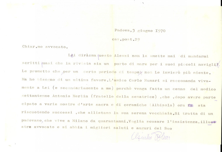 1970 PADOVA Giulio ALESSI a favore di un anziano pittore *Lettera con autografo