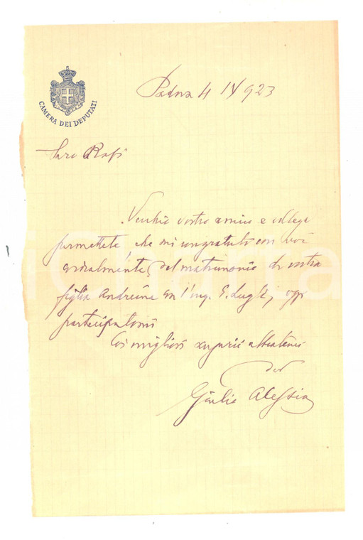 1923 PADOVA Lettera Giulio ALESSIO per congratulazioni matrimonio *Autografo