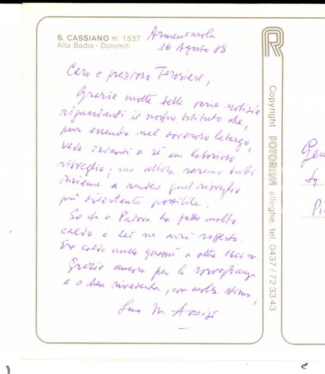 1988 SAN CASSIANO (BADIA) Massimiliano ALOISI - Cartolina a un amico AUTOGRAFO