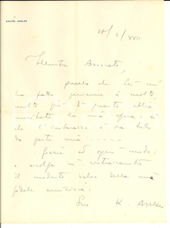 1939 PADOVA Lettera di ringraziamento dott. Khayel ARSLAN *Autografo