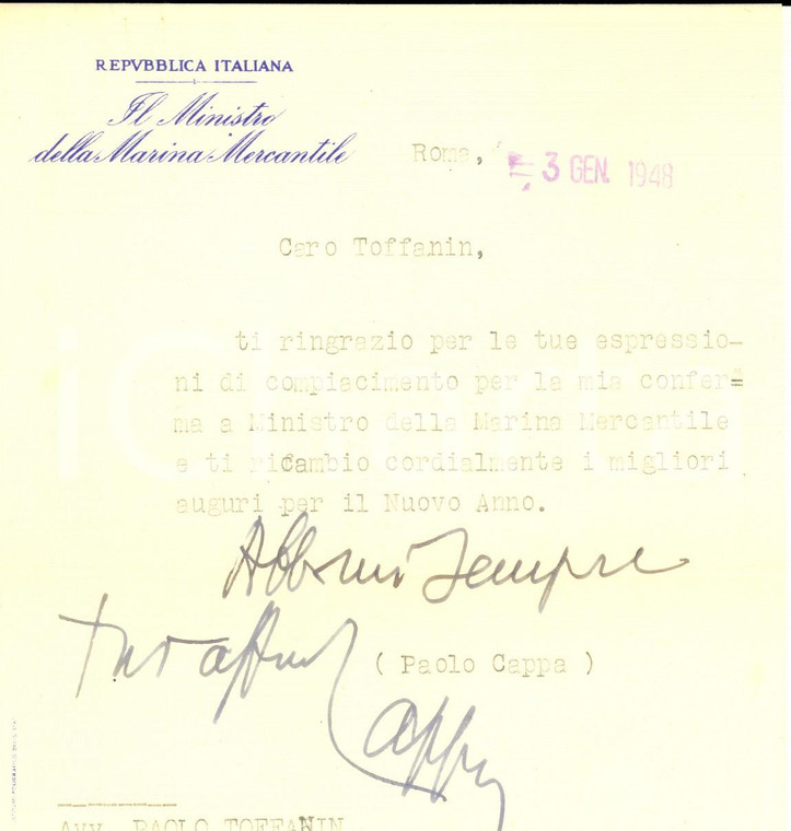 1948 ROMA Ministro Marina Mercantile Paolo CAPPA ringrazia un amico - AUTOGRAFO