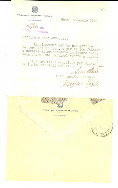 1949 ROMA Tribunale Supremo Militare - Lettera gen. Angelo CERICA *Autografo