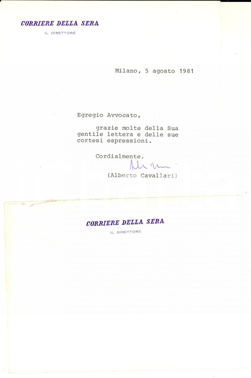 1981 MILANO CORRIERE DELLA SERA Lettera direttore Alberto CAVALLARI - Autografo