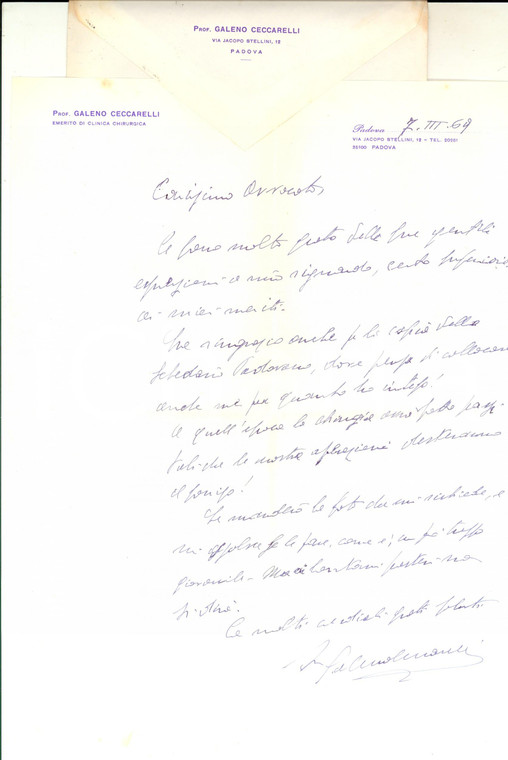 1969 PADOVA Prof. Galeno CECCARELLI  - Lettera di ringraziamento autografa