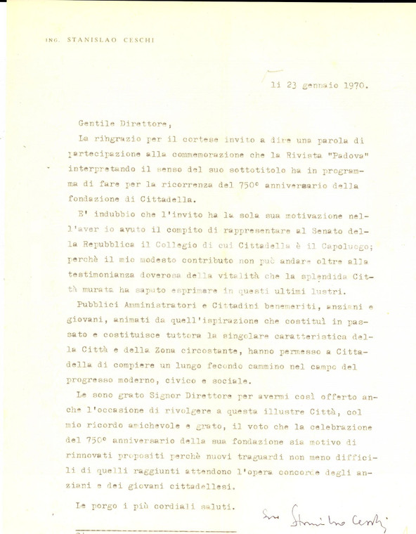 1970 PADOVA Ing. Stanislao CESCHI sulla collaborazione a una rivista - Autografo