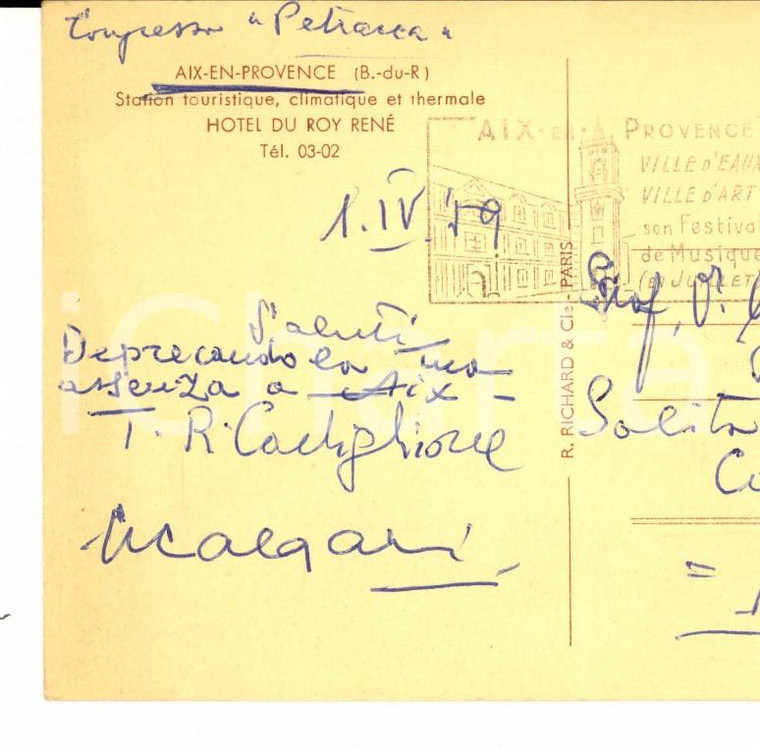 1959 AIX-EN-PROVENCE Cartolina Tommaso Riccardo CASTIGLIONE a un collega 