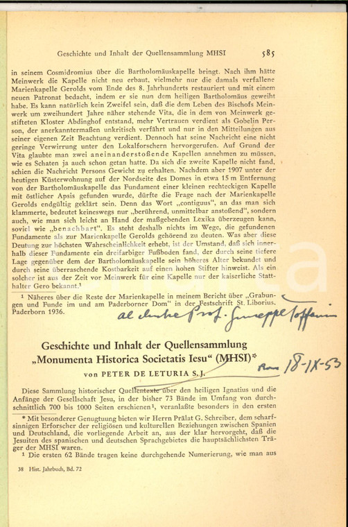 1953 Pedro de LETURIA Geschichte der Quellensammlung MHSI *Invio autografo