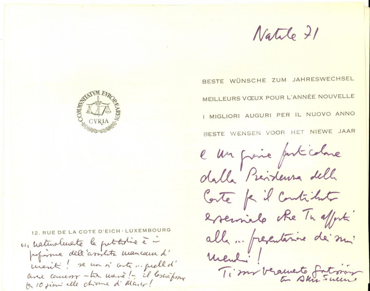 1971 LUSSEMBURGO Biglietto di Natale prof. Alberto TRABUCCHI Autografo