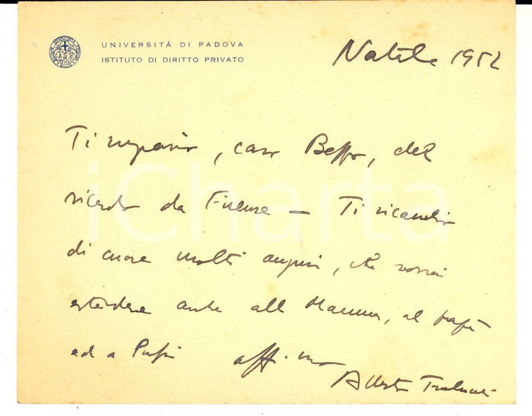 1952 Università di PADOVA Biglietto di Natale prof. Alberto TRABUCCHI Autografo