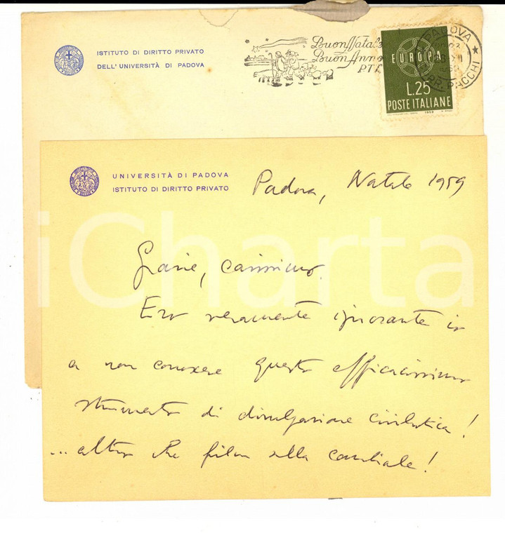 1959 Università di PADOVA Biglietto di Natale prof. Alberto TRABUCCHI Autografo