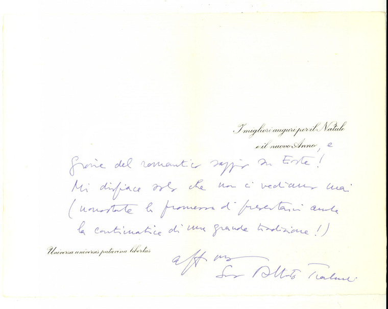 1975 ca UNIVERSITA' PADOVA Biglietto di Natale prof. Alberto TRABUCCHI Autografo