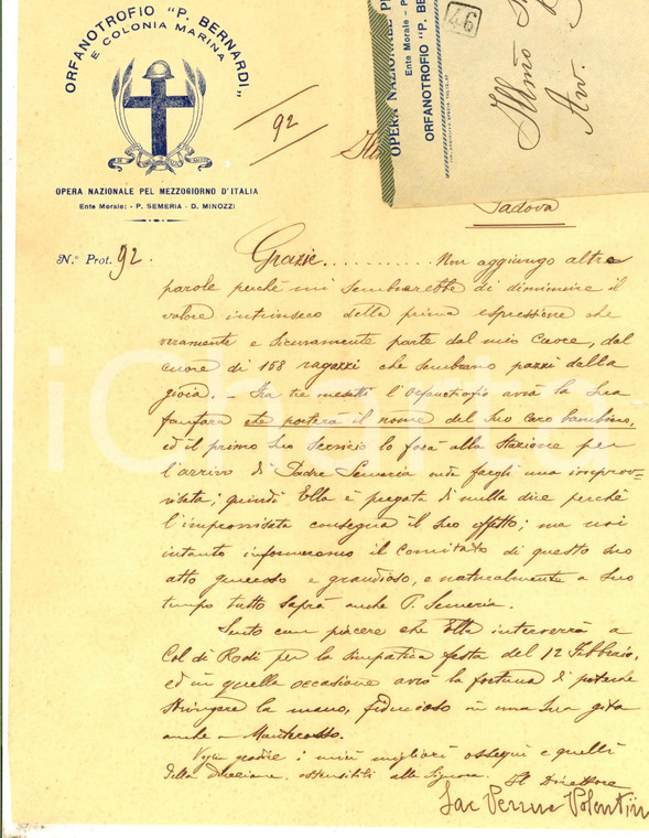 1928 MONTEROSSO AL MARE Orfanotrofio "P. Bernardi"- Lettera don Valentino VERRUA