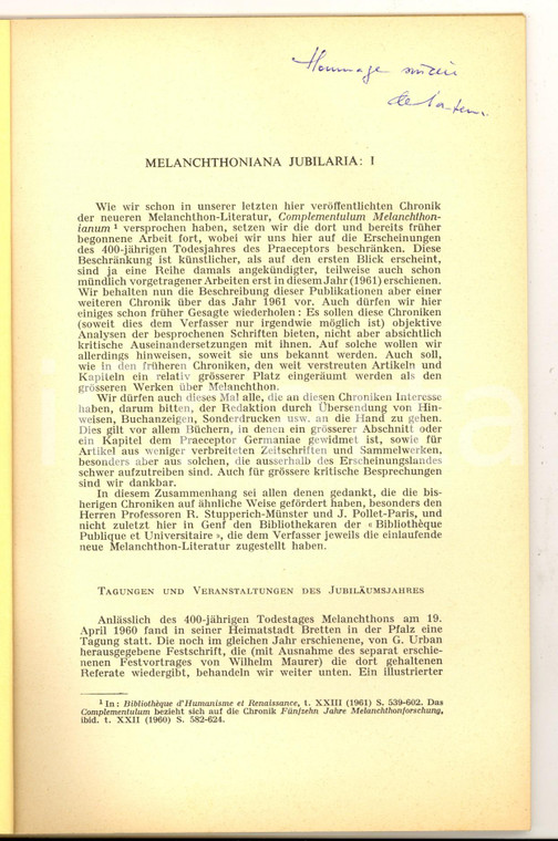 1962 Peter FRAENKEL Melanchthoniana jubilaria: I - Invio autografo 34 pp.