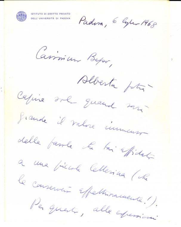 1968 PADOVA Alberto TRABUCCHI ringrazia per un dono alla figlia - Autografo