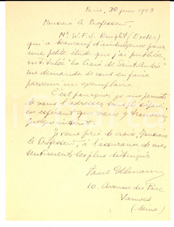 1948 PARIS Lettera Paul ULMANN a un collega per invio articolo *Autografo