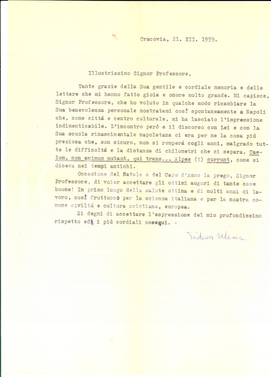 1959 CRACOVIA Lettera Tadeusz ULEWICZ per ringraziamento e auguri *Autografo