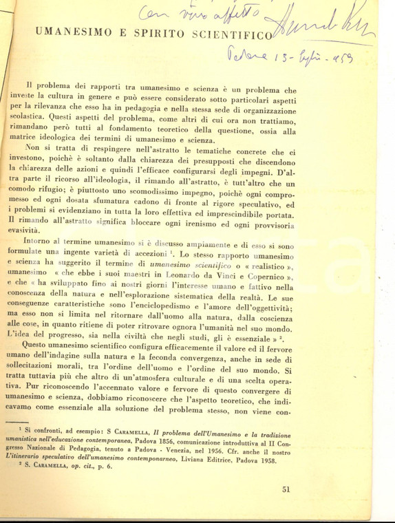 1959 Armando RIGOBELLO Umanesimo e spirito scientifico *Invio AUTOGRAFO 10 pp.