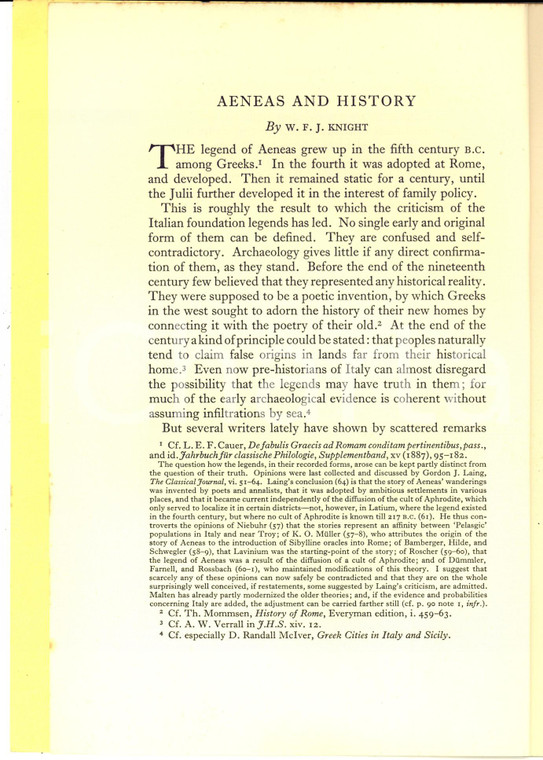 1948 W. F. JACKSON KNIGHT Aeneas and History - Estratto con invio autografo
