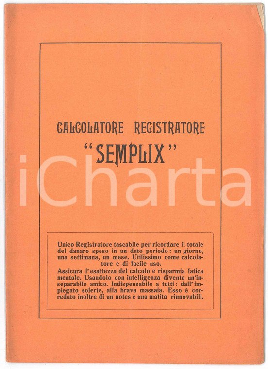 1915 ca ITALIA Calcolatore registratore SEMPLIX - Libretto di istruzioni 19 pp.