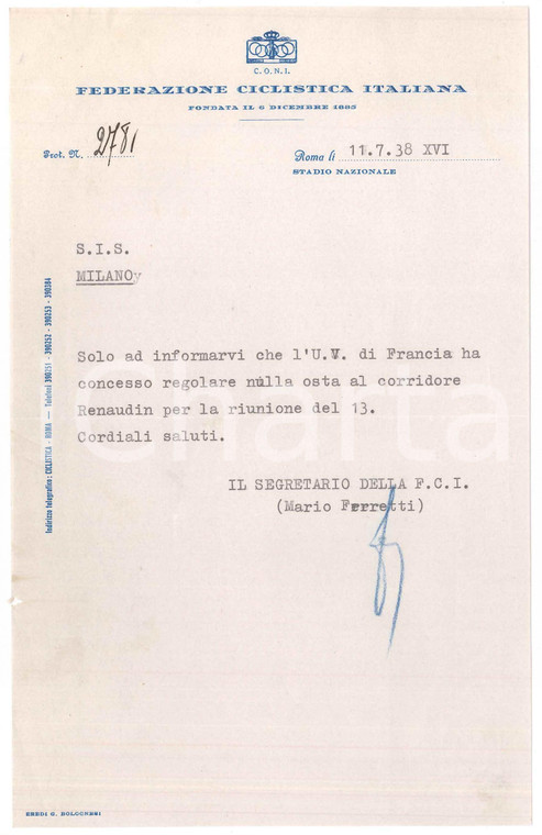 1938 CICLISMO ROMA CONI Federazione Ciclistica Italiana - Lettera Mario FERRETTI