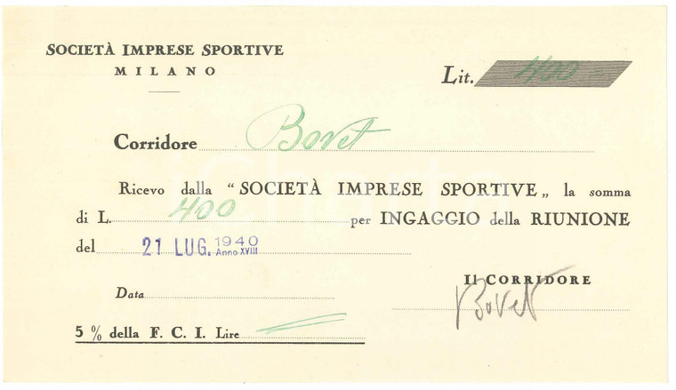 1940 CICLISMO MILANO Ricevuta Alfredo BOVET ingaggio VIGORELLI *AUTOGRAFO