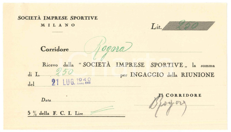 1940 CICLISMO MILANO Ricevuta Bernardo ROGORA ingaggio VIGORELLI *AUTOGRAFO