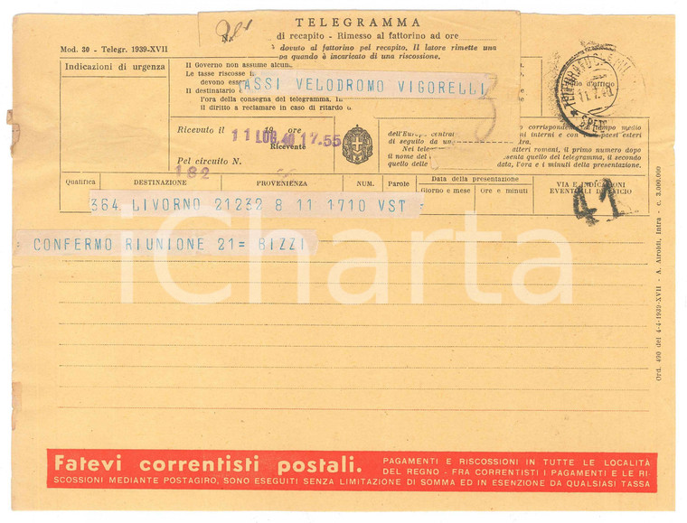 1940 CICLISMO - LIVORNO - Telegramma Olimpio BIZZI per conferma di una gara