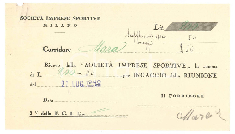 1940 CICLISMO MILANO - Ricevuta Enrico MARA per corsa *AUTOGRAFO