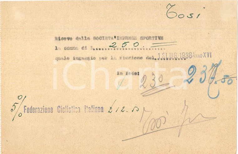 1938 CICLISMO MILANO - Ricevuta Angelo TOSI per corsa - AUTOGRAFO