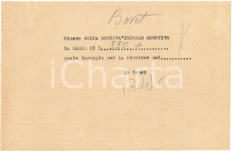 1938 CICLISMO MILANO Ricevuta Alfredo BOVET per ingaggio VIGORELLI - AUTOGRAFO