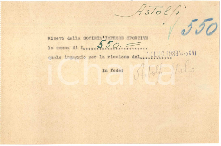 1938 CICLISMO MILANO Ricevuta Italo ASTOLFI per ingaggio VIGORELLI - AUTOGRAFO