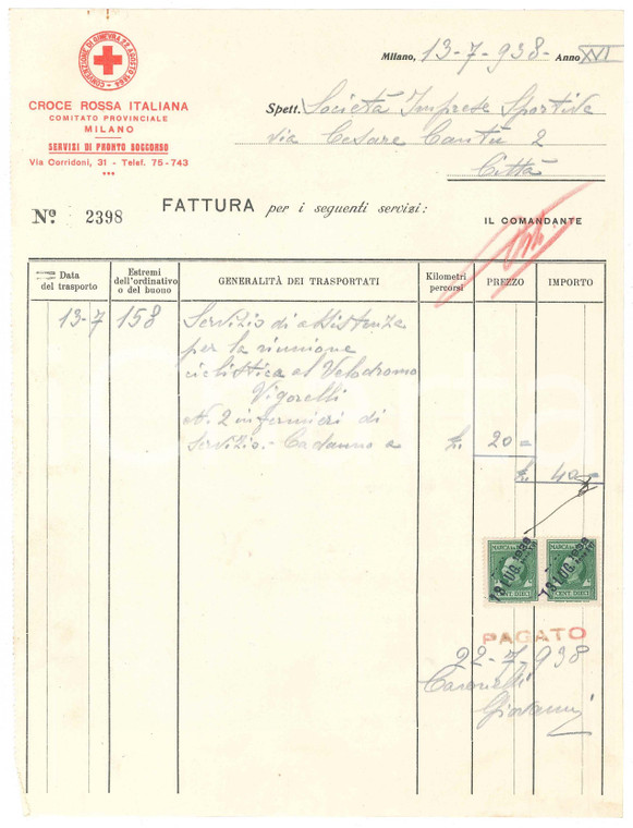 1938 MILANO CROCE ROSSA ITALIANA - Fattura per assistenza CICLISMO Vigorelli