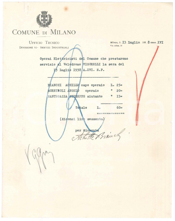 1938 MILANO CICLISMO Velodromo Vigorelli - Conto elettricisti per una gara