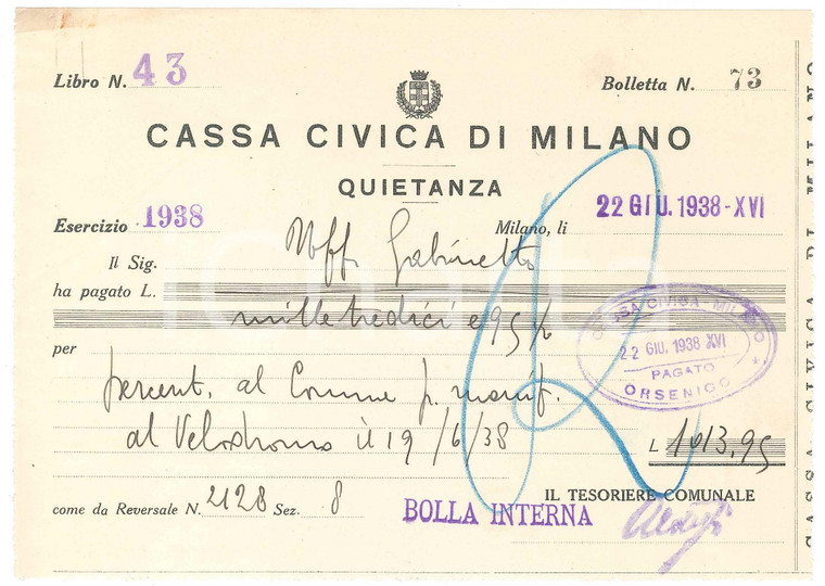 1938 MILANO Cassa Civica - Ricevuta a Velodromo VIGORELLI 19x14 cm (2)