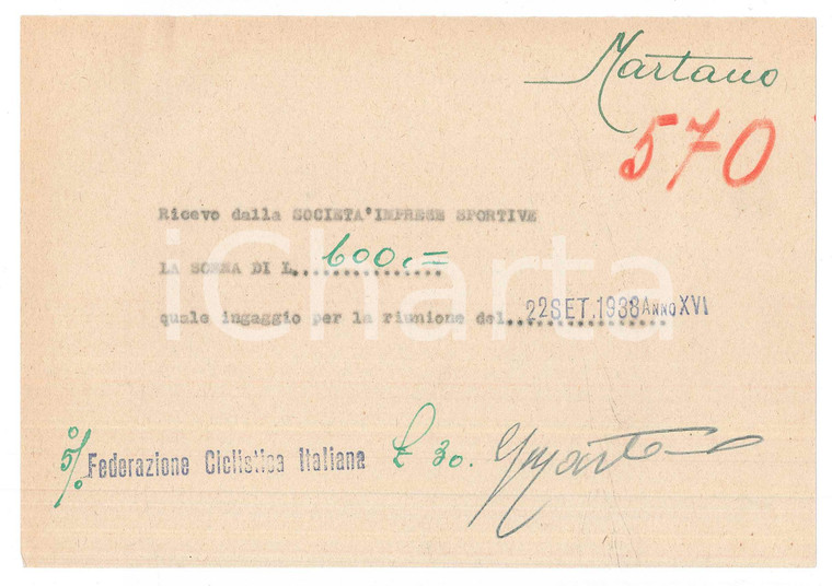1938 CICLISMO MILANO Ricevuta Giuseppe MARTANO per ingaggio VIGORELLI ^AUTOGRAFO