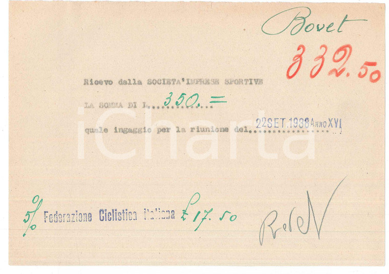 1938 CICLISMO MILANO Ricevuta Alfredo BOVET per ingaggio VIGORELLI ^AUTOGRAFO