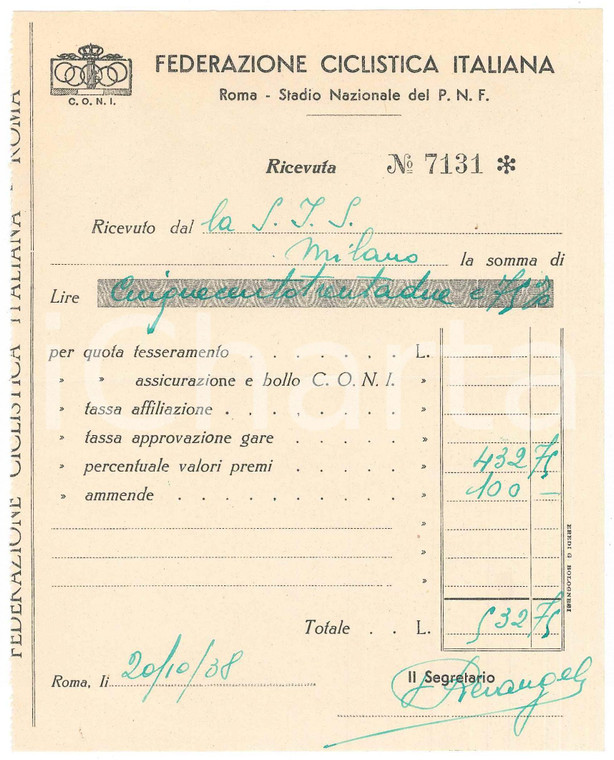 1938 ROMA CONI Federazione Ciclistica Italiana ^Ricevuta per gare e premi