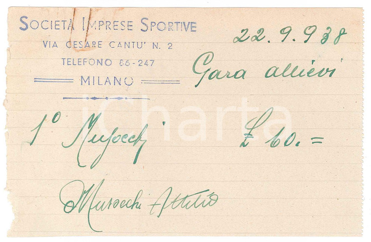 1938 MILANO CICLISMO Ricevuta Attilio MUSOCCHI per gara ALLIEVI - AUTOGRAFO