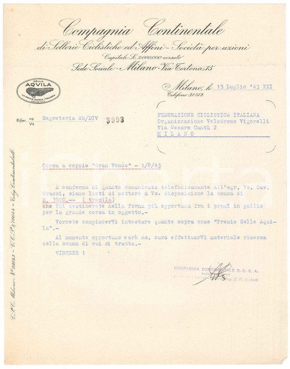 1943 CICLISMO MILANO - Compagnia Continentale Sellerie - Lettera premi gara