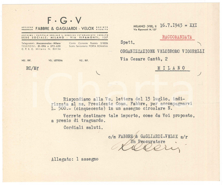 1943 MILANO - FABBRE & GAGLIARDI Velox - Lettera per premio gara CICLISMO