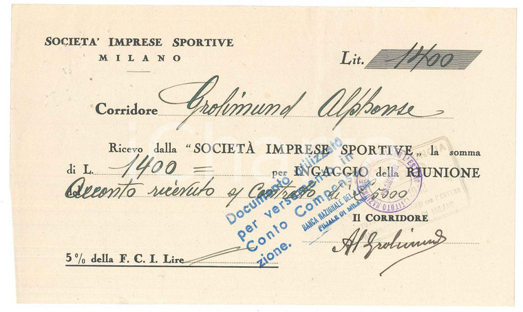 1942 CICLISMO MILANO - Ricevuta Alfonso GROLIMUND per corsa *AUTOGRAFO