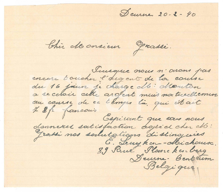 1940 DEURNE CICLISMO Lettera E. LUYKEN Willy MICHAUX per saldo gara - Autografo