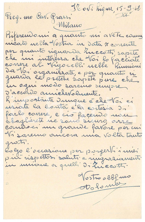 1940 CICLISMO NOVI LIGURE Lettera Virginio COLOMBO massaggiatore - AUTOGRAFO