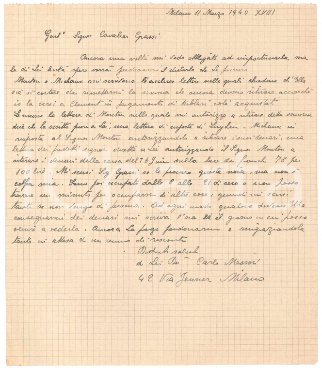 1940 MILANO CICLISMO Lettera Carlo MESSORI per ritiro ingaggi - Autografo
