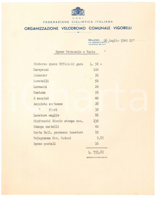 1942 CICLISMO C.O.N.I. MILANO Velodromo Vigorelli - Distinta spese personale