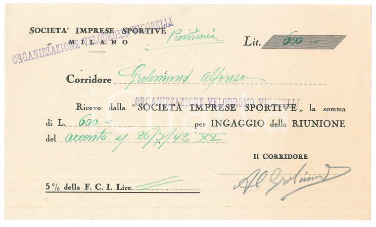 1940 CICLISMO MILANO - Ricevuta Alfonso GROLIMUND per corsa *AUTOGRAFO