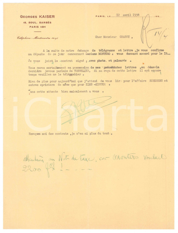 1938 PARIS CICLISMO Georges KAISER conferma Luciano MONTERO *Autografo