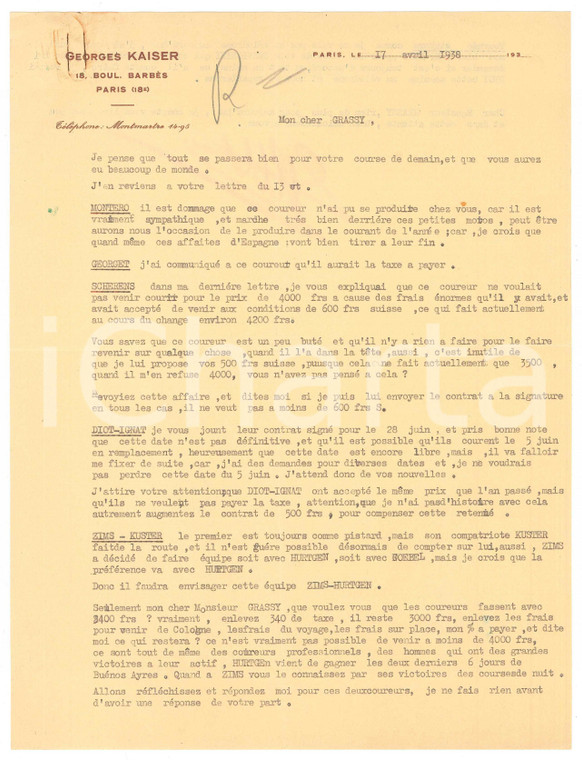 1938 PARIS CICLISMO Lettera Georges KAISER su ingaggi corridori *Autografo