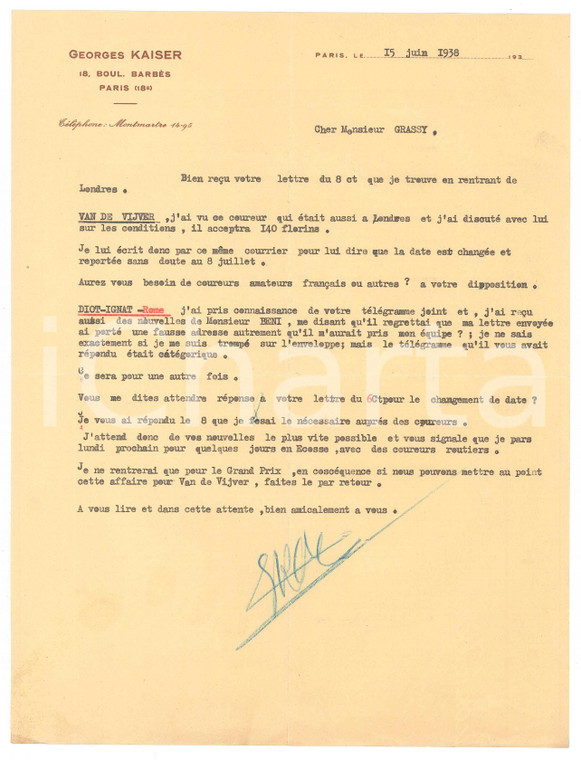 1938 PARIS CICLISMO Lettera Georges KAISER su ingaggio dei corridori *Autografo