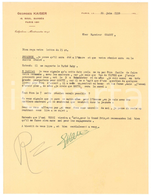1938 PARIS CICLISMO Lettera Georges KAISER sulla data di una gara *Autografo